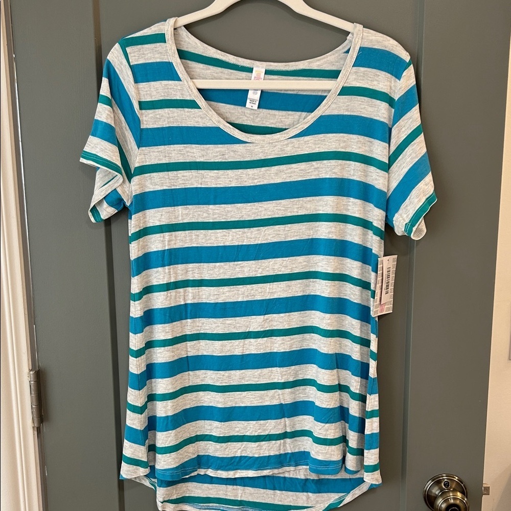 LuLaRoe Teal and White Striped Short Sleeve Top Classic tee size medium New!